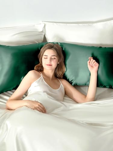 THXSILK Set of 2 100% Mulberry Silk Pillowcase for Hair and Skin Health, Soft Breathable and Smooth Pillowcases with Hidden Zipper, Both Sides Premium Grade 6A+ Silk, Body Size 20"x54", Green