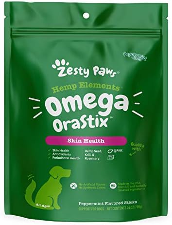 Zesty Paws OraStix for Dogs – Omega Sticks with Hemp Salmon Krill Oil Bone Broth Anti Itch Skin Coat Care Hip & Joint Health Heart Immune System Support Dog Tartar Teeth Cleaning 25oz
