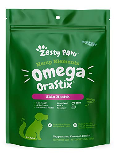 Zesty Paws Omega OraStix for Dogs â€“ Dental Sticks with Hemp Salmon Krill Oil Bone Broth Anti Itch Skin Coat Care Hip & Joint Health Heart Immune System Support Dog Tartar Teeth Cleaning 25oz