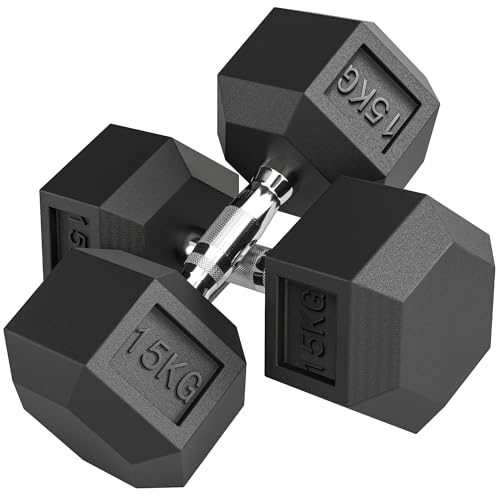 HOMCOM 2x15KG Rubber Hex Dumbbell Portable Hand Weights Dumbbell for Home Gym Workout Fitness