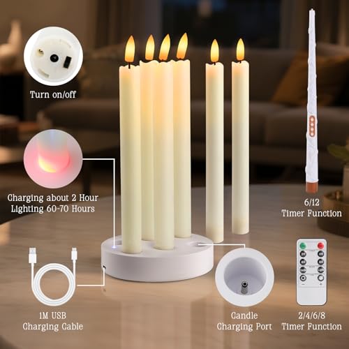 Bougies coniques LED avec minuteur télécommandé et base de recharge rapide