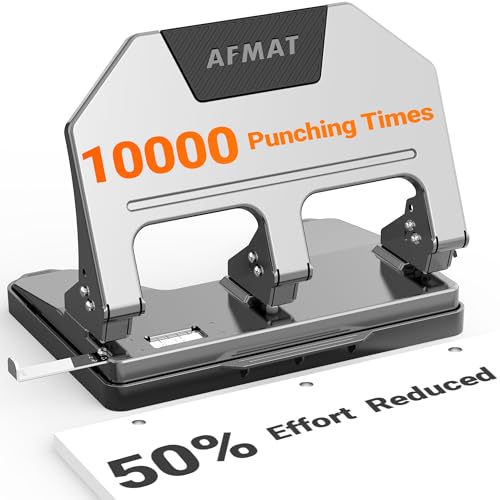 Image of AFMAT 3 Hole Punch, 9 /32 inch Hole Diameter, 40-Sheet 3 Hole Puncher for Binder, 50% Reduced Effort, Metal Heavy Duty Hole Puncher w / 10,000+ Uses, Bulit-in S.S. Paper Guide, Large Chip Tray, Gray, HPX3