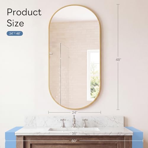 Image of Sweetcrispy 24 inch x 48 inch Gold Bathroom Mirror for Wall, Oval Wall Mirror with Metal Frame, Tempered Glass, Modern Vanity Mirror for Over Sink, Living Room, Bedroom, Entryway, Horizontal or Vertical