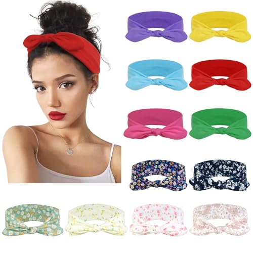 Image of Huachi 12 Pack Wild Floral Bow Headbands for Women Elastic Headwraps Hair Band Yoga Running Sports Knotted Hair Bands Stretchy Rabbit Ears Turban Fashion Sport Cute Hair Accessories