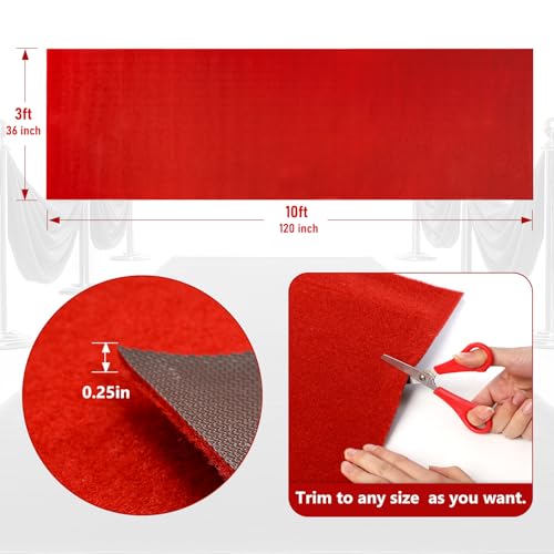 PBHEPJ 3ft x 10ft Red Carpet Runner for Party, TPR Rubber Backed Red Rug, Non-Slip,Extra Thick, Wedding and Events Decorations, Reusable