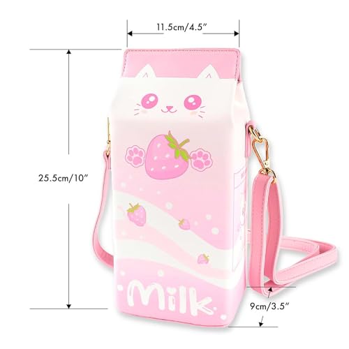 BelugaDesign Strawberry Milk Cat Purse | Pink Pastel Kawaii Anime Ears Paws Crossbody Bag Handbag | Cute Cartoon Faux Leather Carton Shape for Women with Removable Adjustable Strap 6