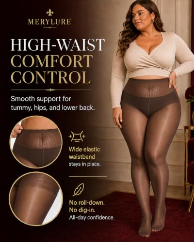 Image of MERYLURE Plus Size Sheer Tights for Women,20D Control Top Pantyhose Reinforced Toes High Waist Stockings 3 Pairs 1XL-6XL
