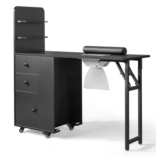 Pinikuyiro Foldable Nail Desk Manicure Table, Folding Nail Table Station Makeup Beauty Salon Storage Table w/2 Open Shelves, Electric Dust Collector, Wrist Cushion,Lockable Wheels (Black)