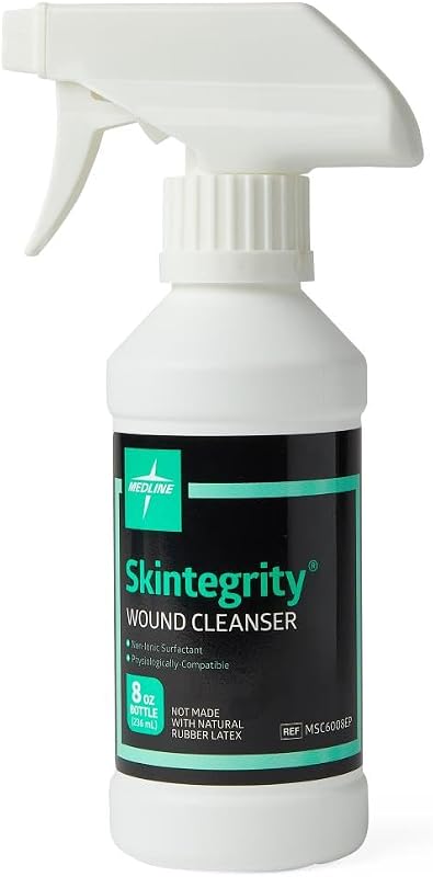 Medline Skintegrity Wound Cleanser, 8 ounce Spray Bottle, for wound cleaning, debridement, removing protein, pressure injuries, infected wounds, spray can be adjusted from mist to stream