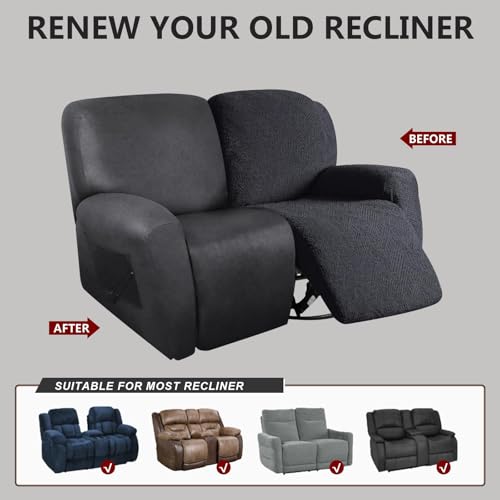 Image of molasofa Loveseat Recliner Slipcover 6-Pieces Stretch Leather Like Recliner Sofa Cover for 2 Seat Dual Reclining Loveseat Couch, Furniture Protector with Elastic Bottom (Charcoal Grey)