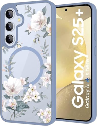 Image of VONZEE Compatible with Samsung Galaxy S25 Plus 5G Case Luxury Retro Flowers Floral for Magnetic Wireless Charging Clear Case Shockproof PC+TPU Cute Glossy Shiny Cover for Girls Women,Official Blue