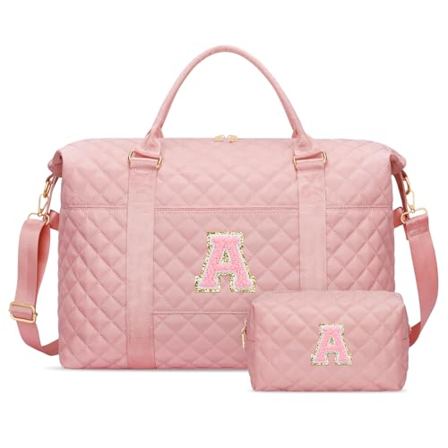 Initial Travel Duffle Bag for Girl, Gift for Daughter Kid Teens Wife, Women Personalized Weekender Overnight Carry On Tote Bag with Makeup Pouch(Pink,A)