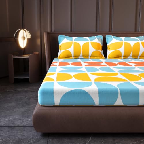 Image of Divine Casa Cotton King Size Bedsheet | 210 TC Soft Breathable Pigment Twill Satin Bed Sheet with 2 Pillow Covers | Luxury Bedding Set | 275 x 275 cm (Orange & Blue, Gemetic)
