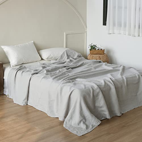 Simple&Opulence French Linen Flat Sheet with Embroidered Border-100% Stone Washed