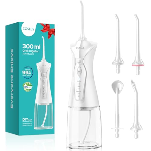 COSLUS C30 Water Teeth Flosser Picks: 4 Modes Cordless Portable Flossers with 300ML Larger Tank, Rechargeable Electric Water Tooth Cleaner IPX7 Waterproof Flossers for Travel Home White
