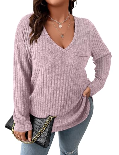 Image of Koscacy Women Plus Size Casual Knit Sweater with Pocket V Neck Solid Color Tops Lightweight Long Sleeve Blouses