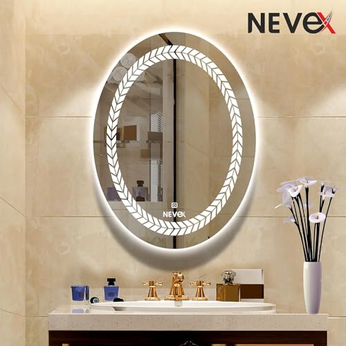 Image of NEVEX 18X24 inch Oval Wall Mounter Mirror with Led Light for Wash Basin with smart 3 Light Tone (Cool White,Natural White and Warm White)