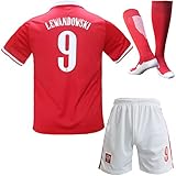 PINPOTEX Polen Lewandowski #9 Auswärtstrikot Kinder Trikot, Neu Saison, Shorts Socken FußballTrikot (Rot,30)