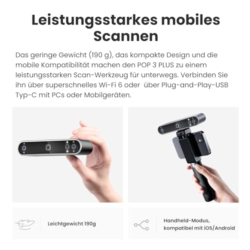 Revopoint POP 3 Plus 3D-Scanner für 3D-Druck, Handscanner mit 0,04mm hoher Präzision, Vollfarbscan für mittlere Objekte, Kompatibel mit Android/iOS/Win10&11/macOS, Erweitert