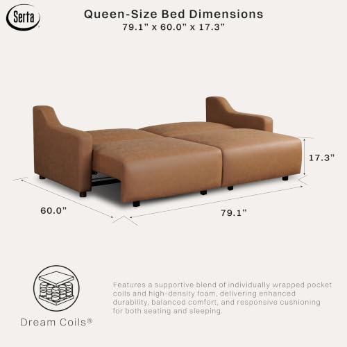 Image of Serta Glendale 90.2 inch Queen Size Wall-Hugging Convertible Sofa, Dreamcoil Comfort, Vegan Suede Fabric, Brown