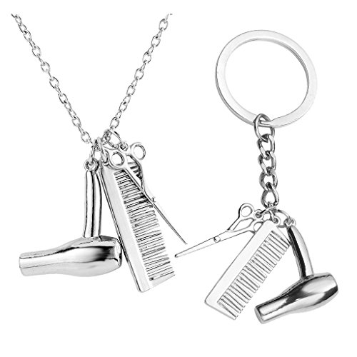 JOVIVI 2pc/set 3 In 1 Fashion Hairdresser Hair Dryer,Scissor,Comb Charm Keychain Necklace - Perfect Salon Owner,or Hair Stylist Gift