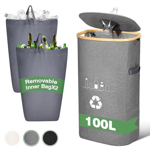 100L Recycling Bins for Kitchen Home, Deposit Bottle Collector Bins with Lid and 2 Reusable Inner Bags, Indoor Recyclable Waste Trash Sorting Organizer for Collecting Empties and Glass Waste(Gray)