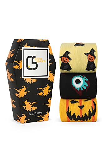 CREA SOCKS 3 paar Halloween sokken, grappige herensokken, cadeau sokken, Halloween party sokken, heksengeest pompoen vleermuissokken, Halloween_W, Small