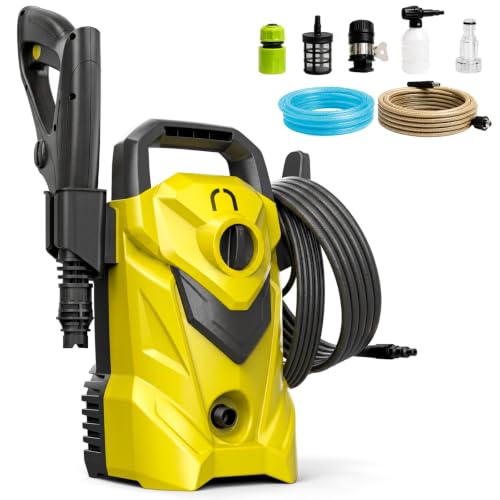 Raganet Hidrolavadora de Alta Presión 1200W 1600 PSI Amarillo Portátil Auto-Stop Manguera y Accesorios para Lavado de Autos, Motos, Pisos, Patios y...
