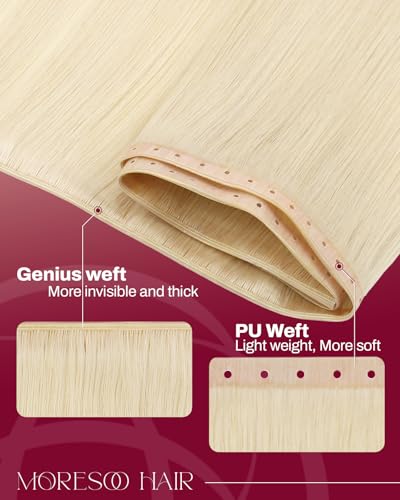 Image of Moresoo Butterfly Weft Hair Extensions Human Hair, Invisible Genius Weft, #60 Golden Platinum Blonde 20 Inch 100g, Add Volume, OVO PU Hole, Straight Soft Remy Hair, Simple Installation