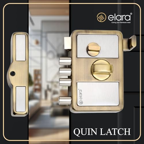 Image of Elara Quinlatch Deadbolt for Main Door, Suitable for Right and Left Handed Doors, Inside Opening Wooden Door Lock with 3 Reversible Brass Keys (Antique Finish, EDL-07)