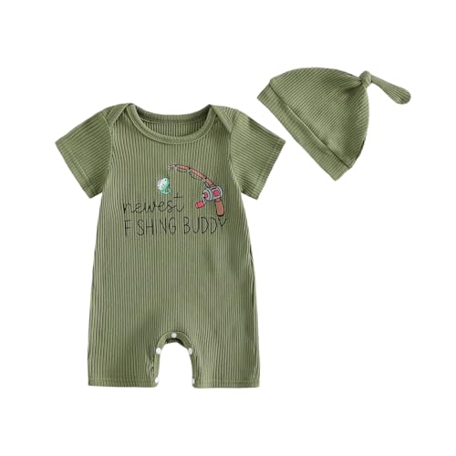 Sasaerucure Newborn Infant Baby Boy Fishing Outfit First Birthday Clothes Summer Short Sleeve Romper Knit Jumpsuit + Hat (Green 3-6 Months)