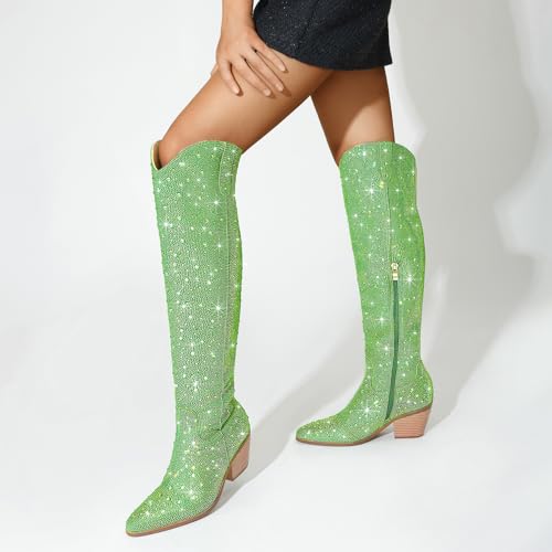 Image of Women Rhinestone Over the Knee Cowboy Boots, Sparkly Bling Cowgirl Boots Western Thigh High Boots Pull-On Side Zippers Chunky Heel Pointed Toe For Concerts, Music Festivals, Parties & Night Out