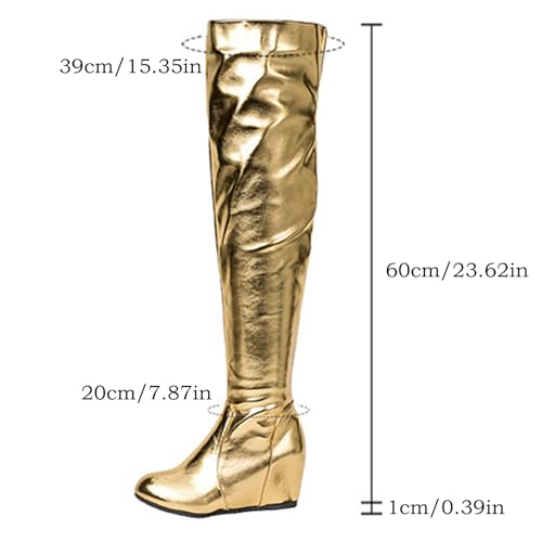 Women's Patent Leather Ruched Stretch Wedge Over the Knee Boots Fashion Comfortable Fall Winter Round Toe Side Zipper Pull On Pleated Dressy Thigh High Boots4