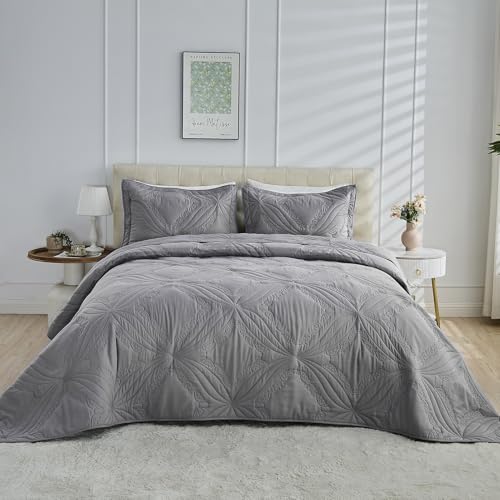 Image of Kingnex Oversized King Bedspreads 128x120 for Tall King or Cal King Bed Ultrasonic Quilted Coverlet Set 3 Piece Include 1 Extra Wide Quilt 2 Pillowcases Grey