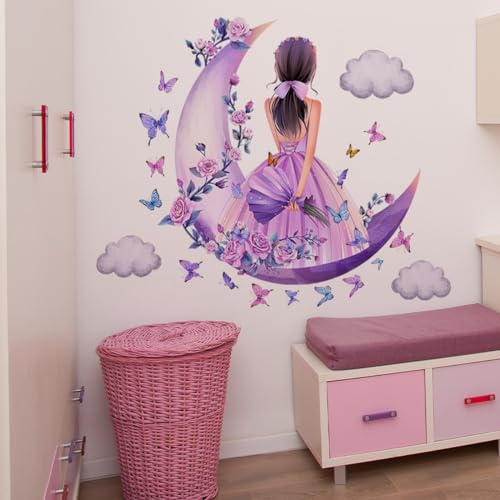 Vinilo decorativo para pared Purple Moon Girl flores mariposa miniatura 4