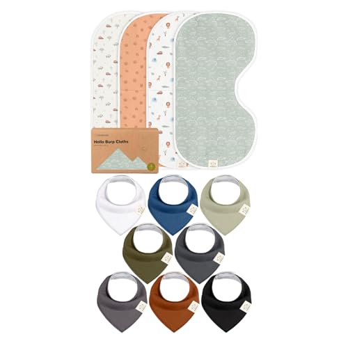 KeaBabies 4-Pack Baby Burp Cloths for Girl, Boy and 8-Pack Baby Bandana Drool Bibs - Cotton Burp Cloth Extra Large - Soft and Absorbent Infant Drool Bibs
