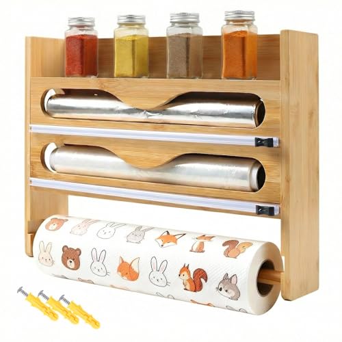Gemsaya Dispensador de papel de aluminio y película adhesiva con soporte para rollo de cocina, dispensador de envoltura 4 en 1 con cortador, estante organizador de papel de cocina de bambú de montaje Gemsaya Dispensador de papel de aluminio y película adhesiva con soporte para rollo de cocina, dispensador de envoltura 4 en 1 con cortador, estante organizador de papel de cocina de bambú de montaje