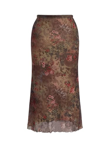 Milumia Women's Vintage Floral Maxi Skirt 90s Mesh Bodycon Long Skirts