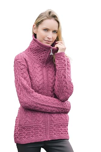 Image of Aran Crafts Irish Women's Double Collar Zip Cardigan (100% Merino Wool)