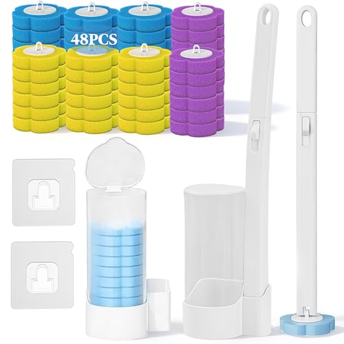 Disposable Toilet Brush 2 Pack with 48 Replacement Heads Wall Mounted Toilet Brushes & Holders Set Toilet Cleaner Brush with Extended Handle for Toilet Bowl Sink and Bathtub
