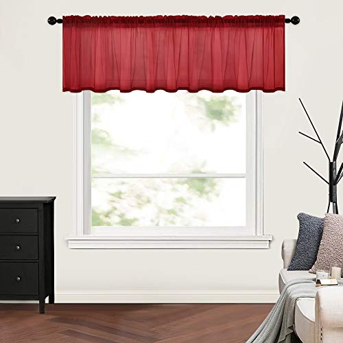 MIULEE Solid Burgundy Kitchen Sheer Valance for Christmas Linen Look Window Curtain Living Room Windows Voile Valance Rod Pocket 1 Panels (60 W x 18 L) Burgundy Red