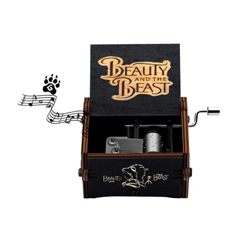Image of Beauty and The Beast Music Box Hand Crank Musical Box Beauty & Beast Theme Carved Wooden Music Boxes Gift for Kids Friends Family Musicbox Black