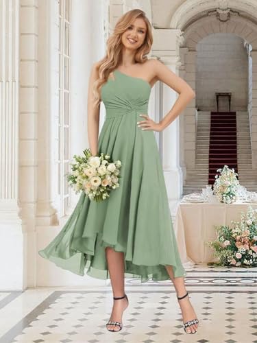 Aoruisen One Shoulder Bridesmaid Dresses for Women Chiffon Tea Length Pleated Formal Midi Dress3