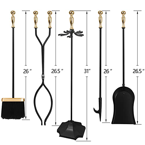 Amagabeli 5 Pcs Fireplace Tools Sets Golden Handle Wrought Iron Tool Set And Holder Outdoor Fireset Fire Pit Stand Rustic Tongs Shovel Antique Brush Chimney Poker Wood Stove Hearth Accessories Kit #TOP4
