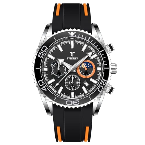 TYBERLEY Reloj de Cuarzo Vintage para Hombre, cronógrafo, Correa de Goma, Impermeable, Luminoso, Informal, Deportivo, Naranja y Negro, Clásico