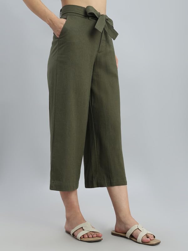 Image of GO COLORS Solid Linen Culottes for Women | High Rise, Side Pockets, Front tie-up