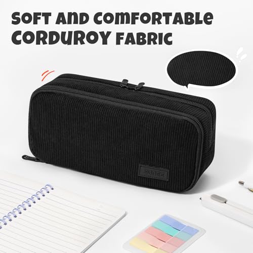 Image of SUNEE Pencil Case, Large Capacity Pencil Pouch, Aesthetic Big Pen Bag, Soft Corduroy Pen Box for Office Stationery Organizer School Supplies Multifunctional for Teen Boys Girls Women Men, Jet Black