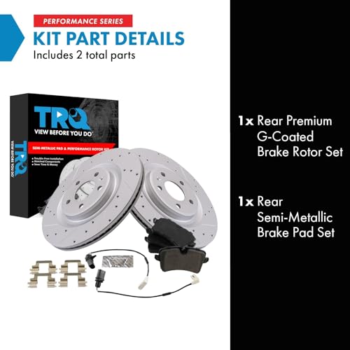 Image of TRQ Performance Rear Brake Pad and Rotor Set Semi Metallic G Coated Rotors Compatible with 2014-2018 Audi A6 2012-2018 A6 Quattro 2012-2018 A7 Quattro 2013-2014 A8