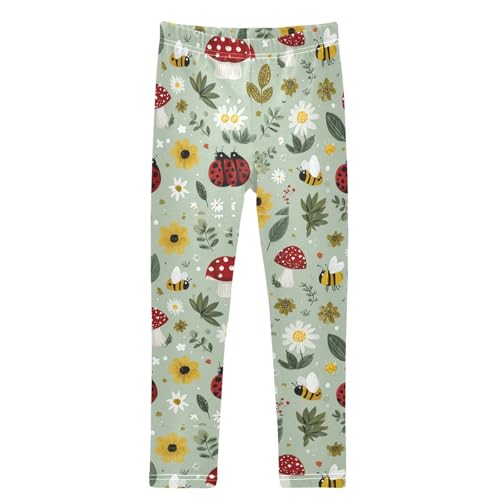 Red Mushrooms Yellow Black Striped Bees Green Leaves Flowers Ladybugs Girls Leggings Kids Yoga Pants Dance Active Tights 4T