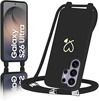 AoozeFon Handyband für Samsung Galaxy S26 Ultra Hülle mit Band,Handyhülle Silikon mit Goldenem Herzmuster für Samsung S26 Ultra,Abnehmbare Stoßdämpfend Handytasche mit Nylon-Lanyard, Schwarz